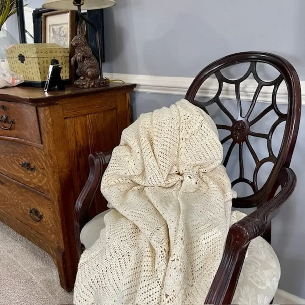 Crochet Style Cotton Granny Square Bedspread 83x83 Ivory Textured Cottagecore
